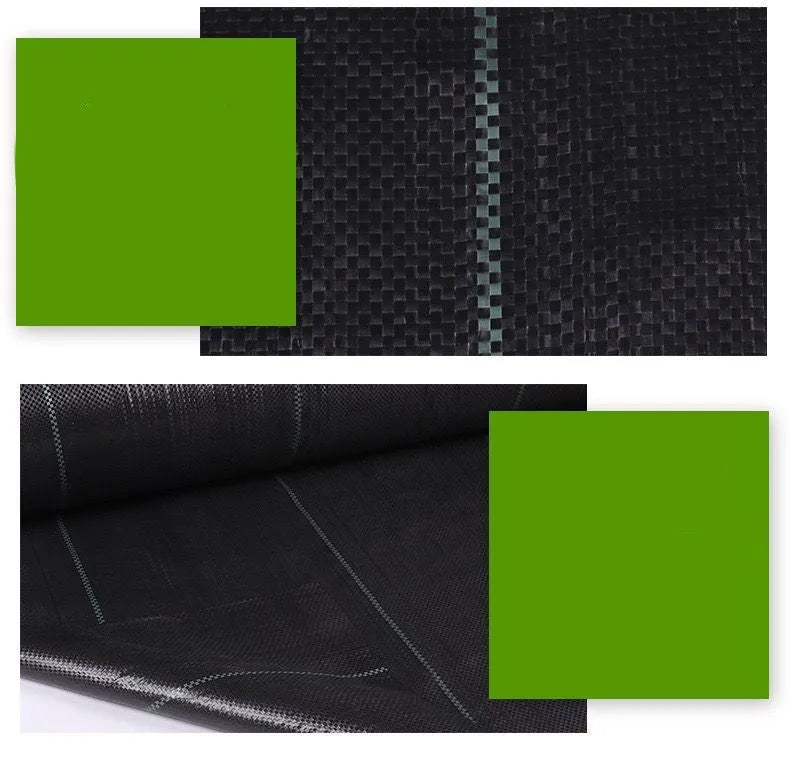 Black polyethylene weed control fabric roll for garden ground cover and greenhouse use.