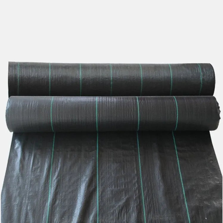 Black polyethylene weed control fabric roll for garden ground cover and greenhouse use.