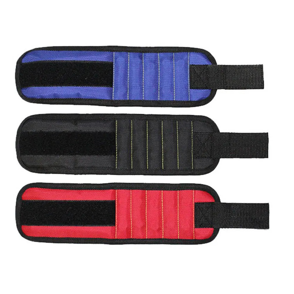 Fifteen-compartment powerful magnetic wristband in nylon, blue colour, with rows of magnets holding screws and nails