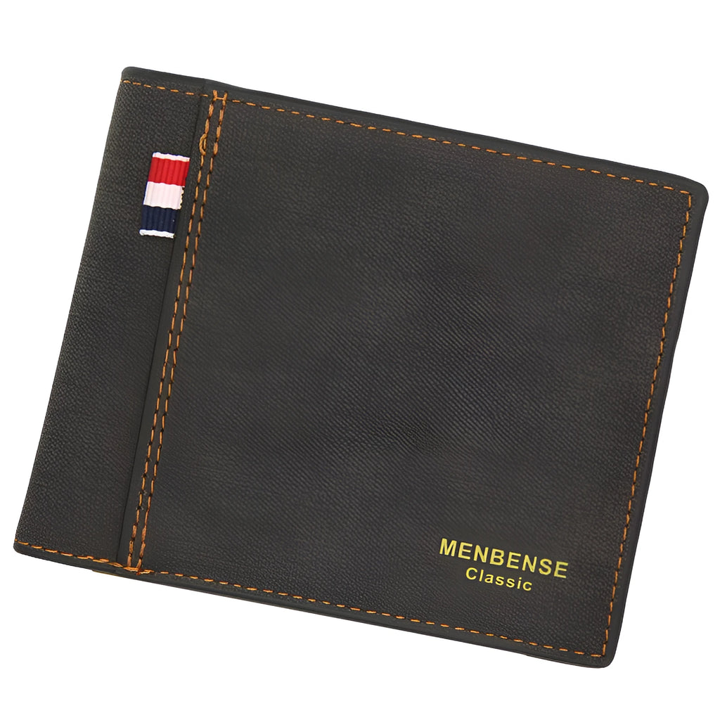 Men's retro leather tri-fold wallet open showing interior organisation in dark brown colour