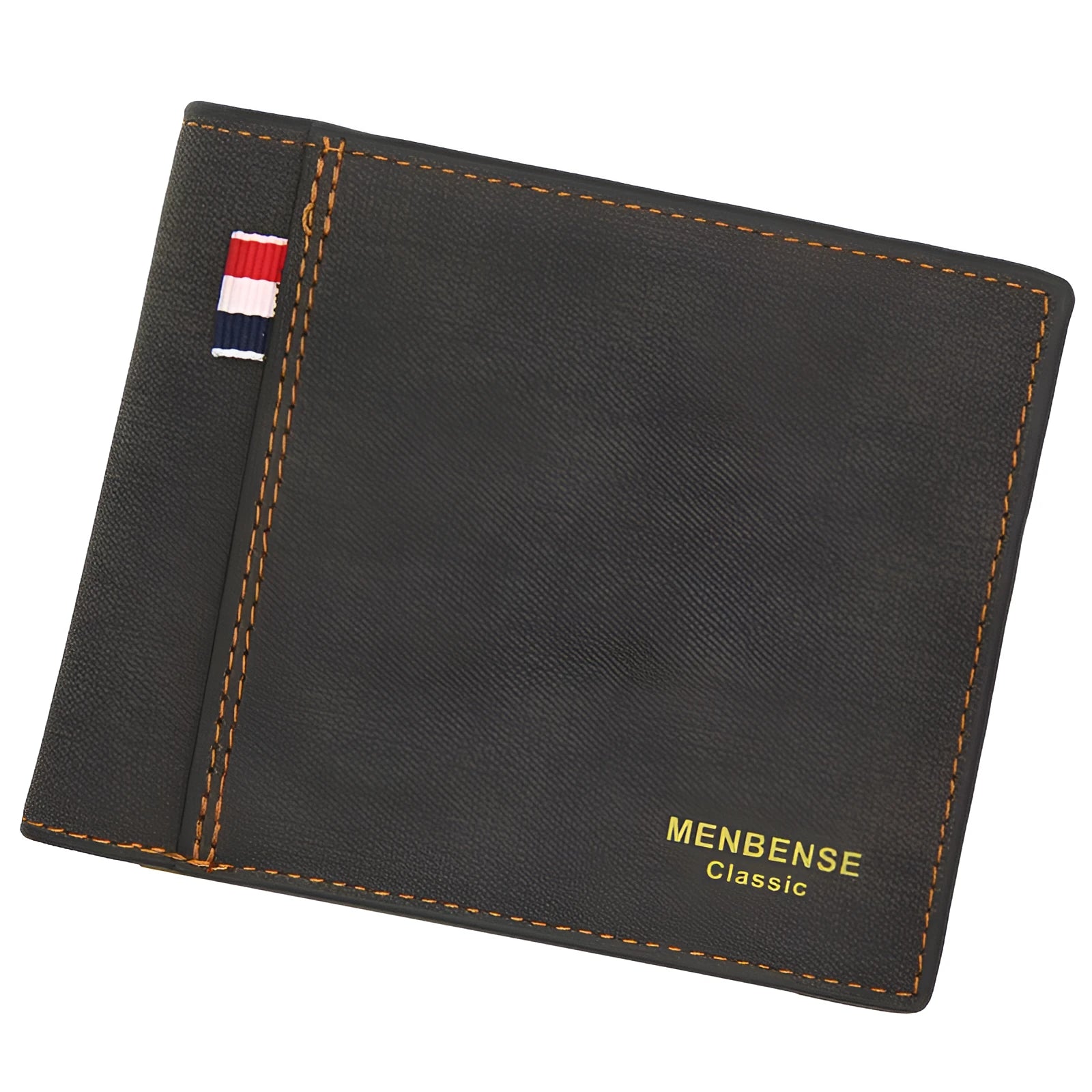 Men's retro leather tri-fold wallet open showing interior organisation in dark brown colour