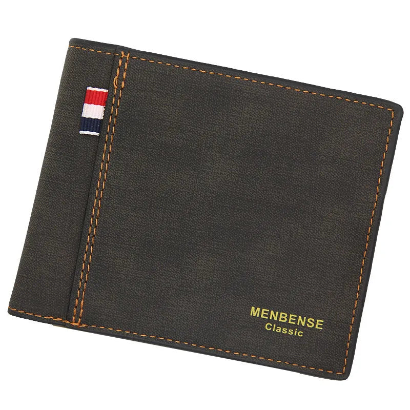Men's retro leather tri-fold wallet open showing interior organisation in dark brown colour