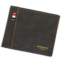 Men's retro leather tri-fold wallet open showing interior organisation in dark brown colour