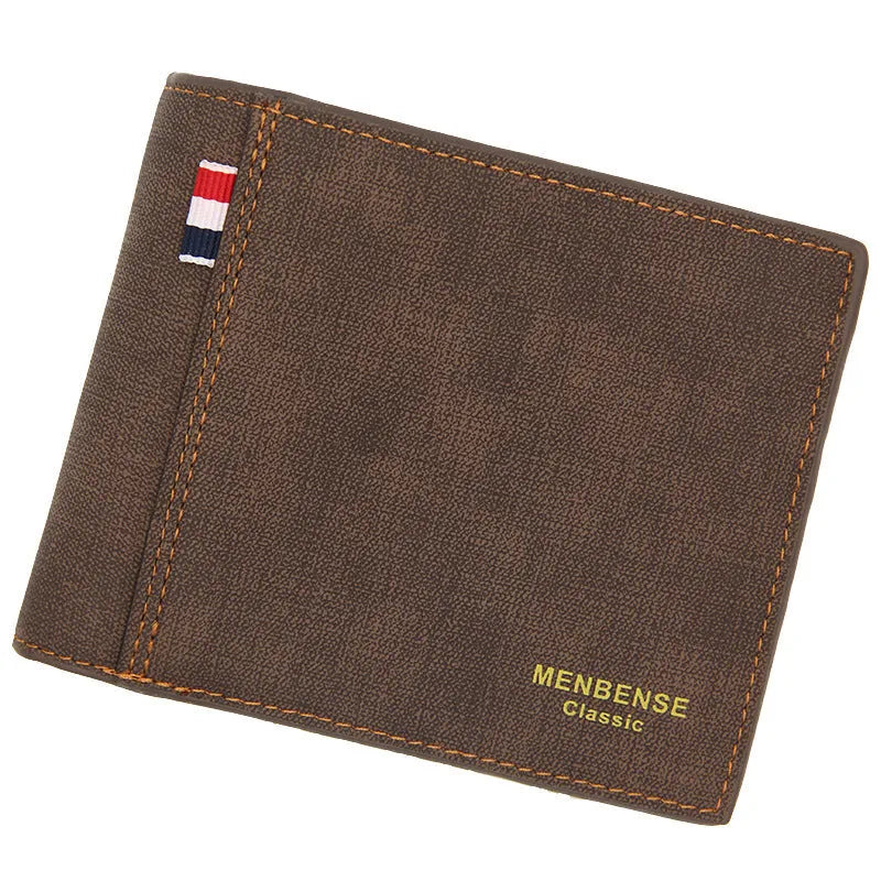 Men's retro leather tri-fold wallet open showing interior organisation in dark brown colour