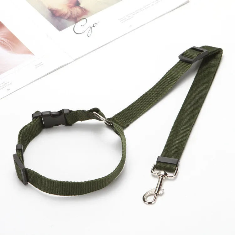 Car backseat pet leash for dogs made from polyester in nine colour options attached to a vehicle seatbelt