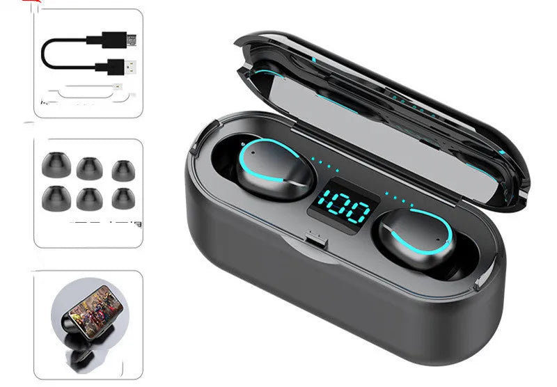Black and white TWS Bluetooth earbuds showing touchpad and button control style options