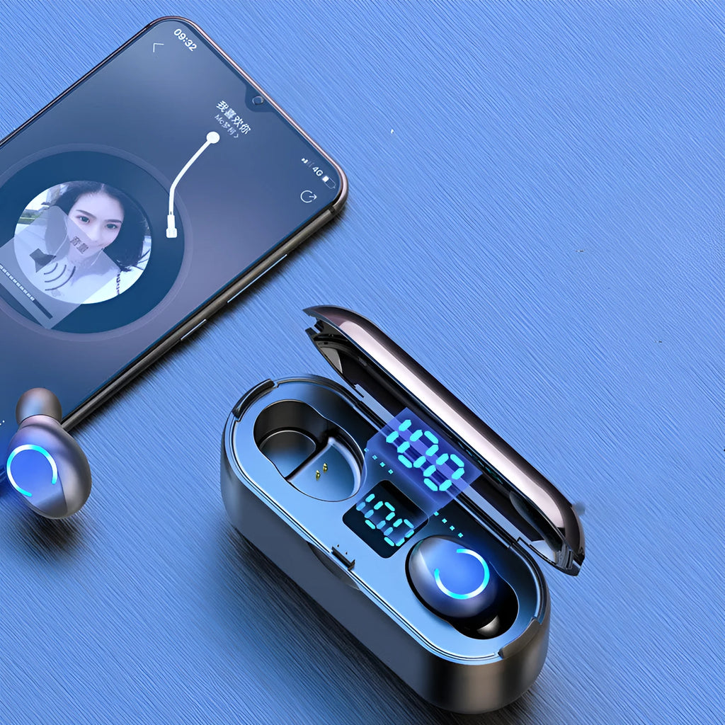 Black and white TWS Bluetooth earbuds showing touchpad and button control style options