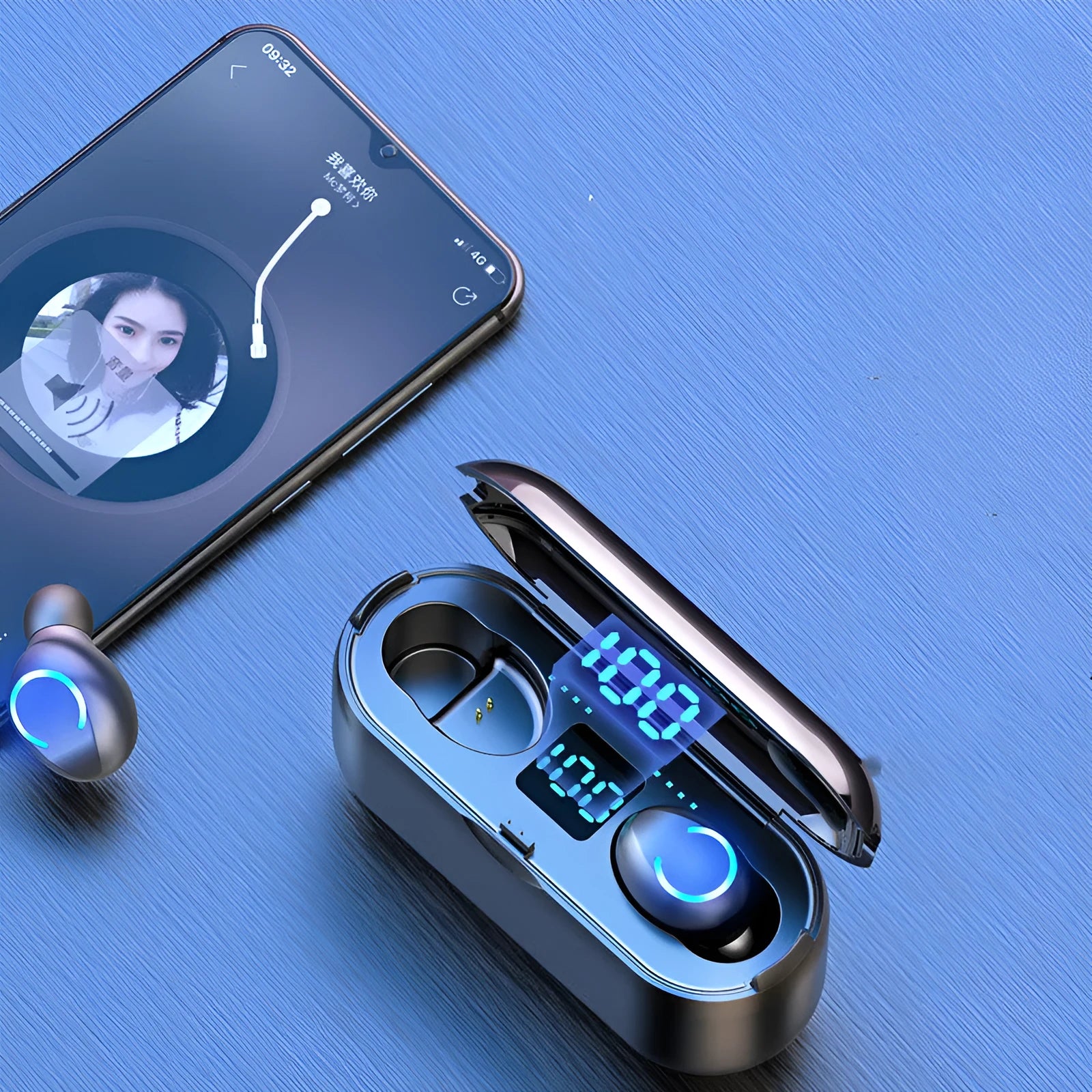 Black and white TWS Bluetooth earbuds showing touchpad and button control style options