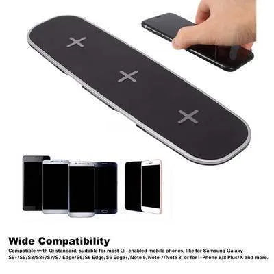 Black and white 3-in-1 Qi wireless charging base for multiple mobile devices