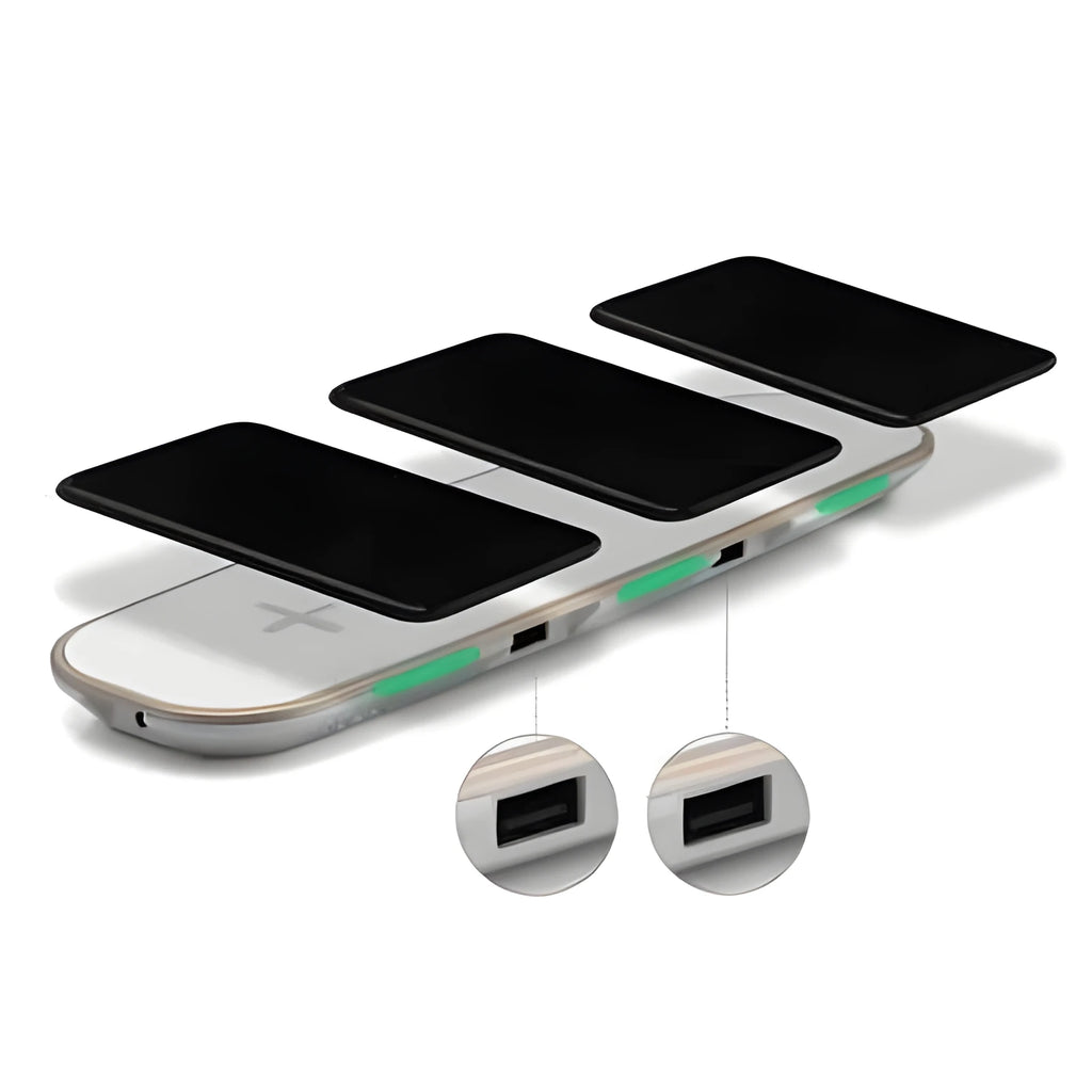 Black and white 3-in-1 Qi wireless charging base for multiple mobile devices