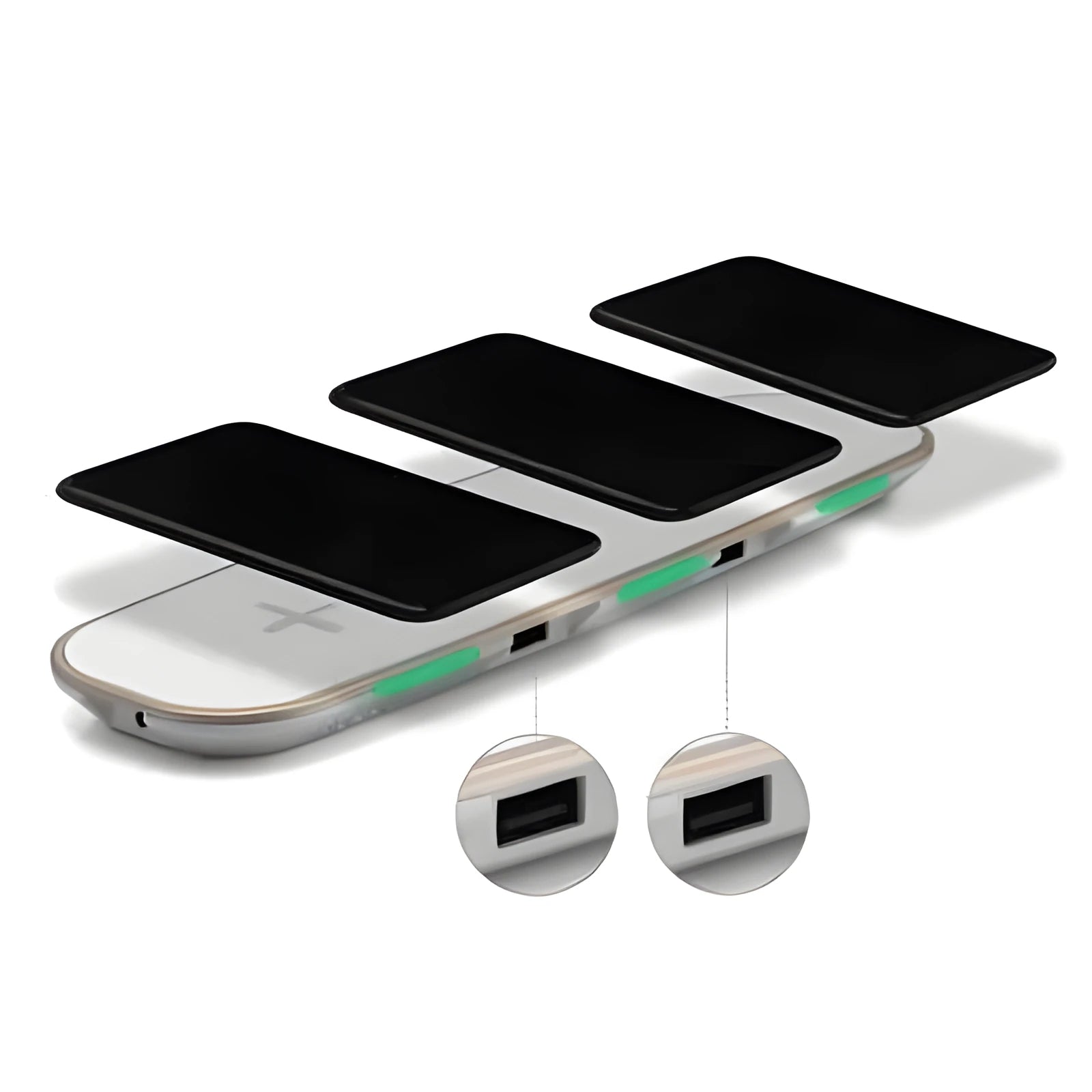 Black and white 3-in-1 Qi wireless charging base for multiple mobile devices