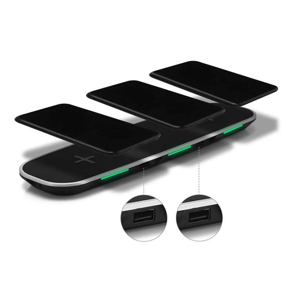 Black and white 3-in-1 Qi wireless charging base for multiple mobile devices