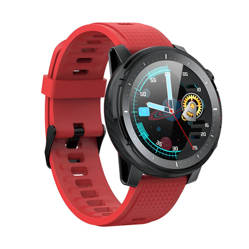 Android smart watch with round dial, silicone strap, and IP68 waterproof rating shown in black and red colour options
