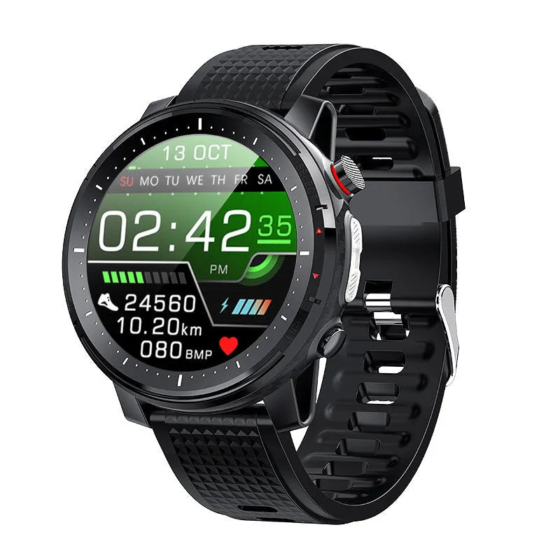 Black Android smart watch with round dial and silicone strap showing 1.3-inch touchscreen display