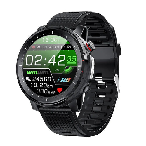Android smart watch with round dial, silicone strap, and IP68 waterproof rating shown in black and red colour options