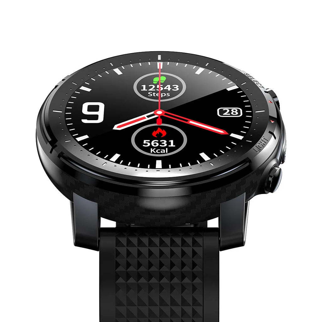 Black Android smart watch with round dial and silicone strap showing 1.3-inch touchscreen display