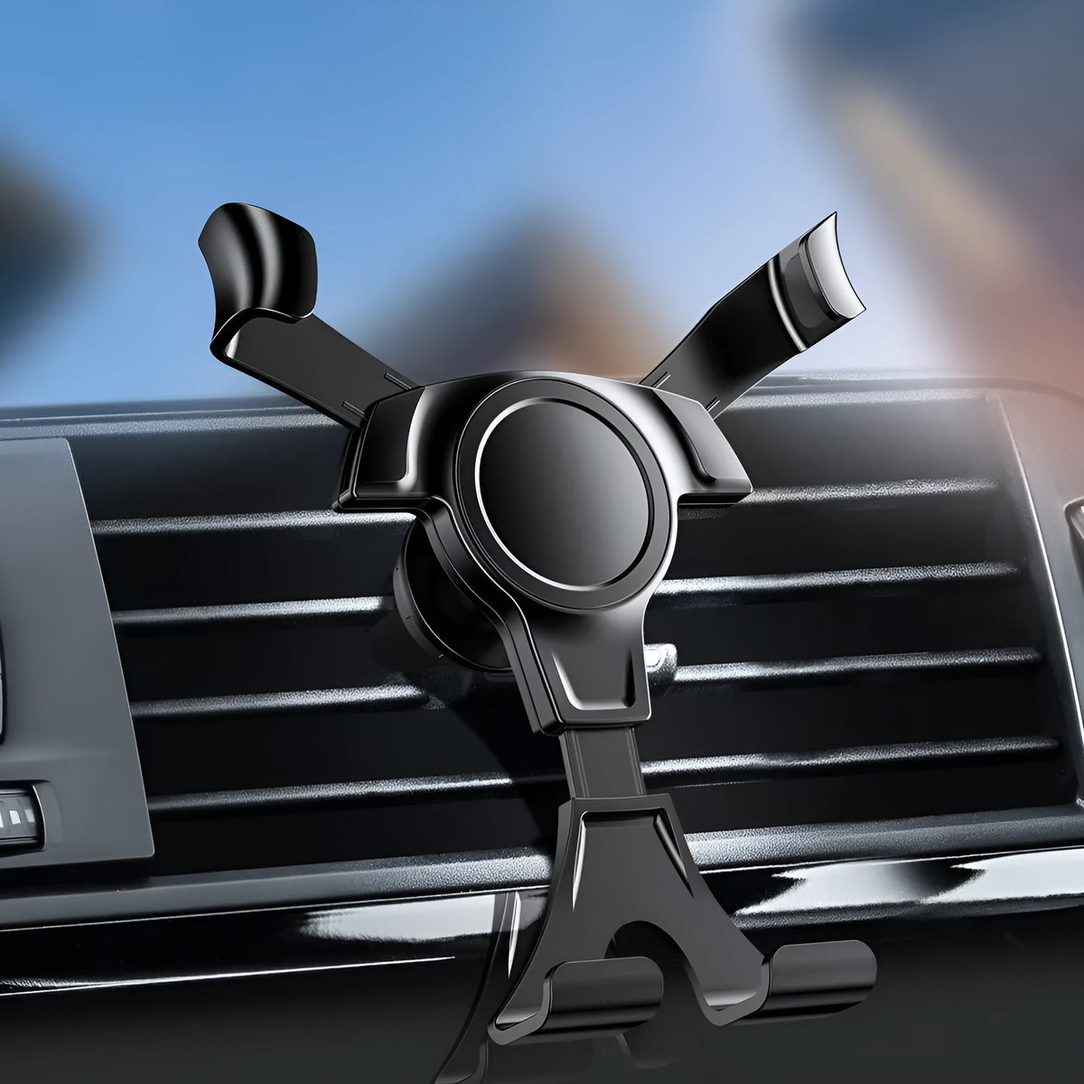 Black plastic car phone holder fitted to an air outlet vent, designed for mobile phones below 6.5 inches