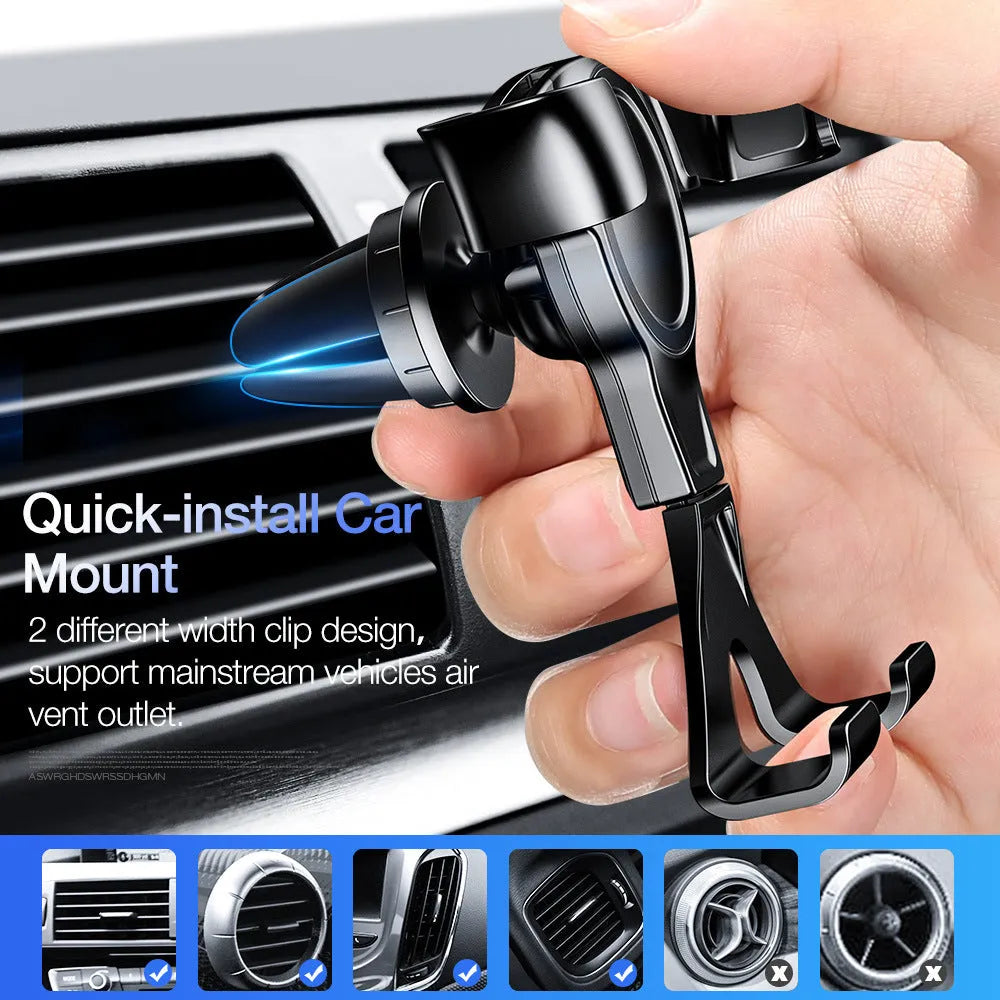 Black plastic car phone holder fitted to an air outlet vent, designed for mobile phones below 6.5 inches