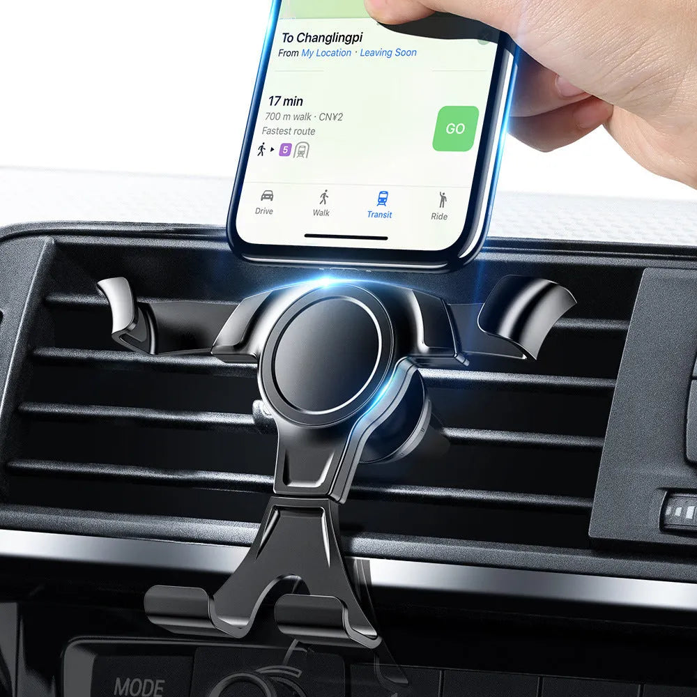 Black plastic car phone holder fitted to an air outlet vent, designed for mobile phones below 6.5 inches