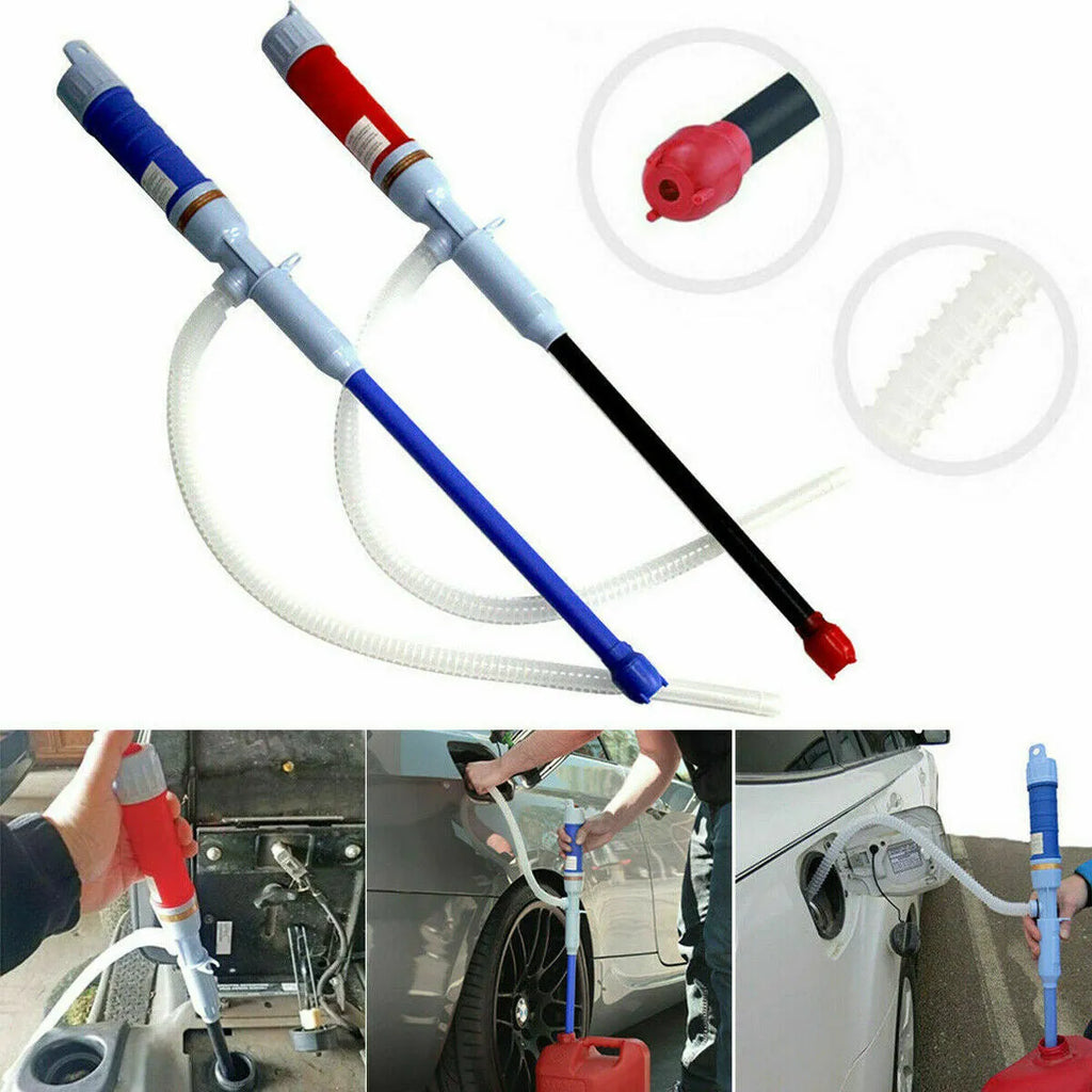 Blue and red manual hand siphon pump for fuel and liquid transfer