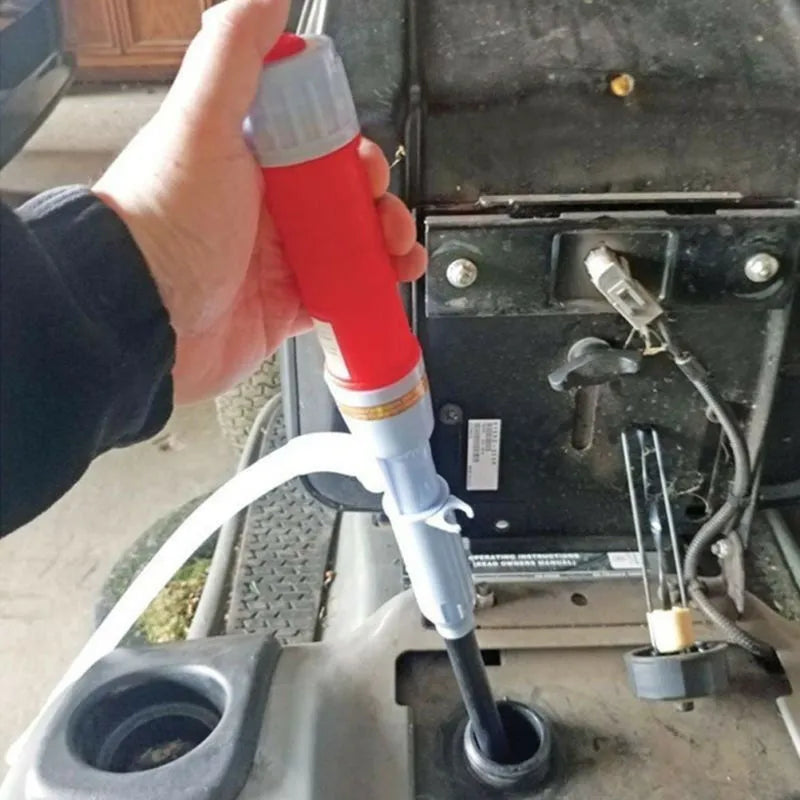 Blue and red manual hand siphon pump for fuel and liquid transfer