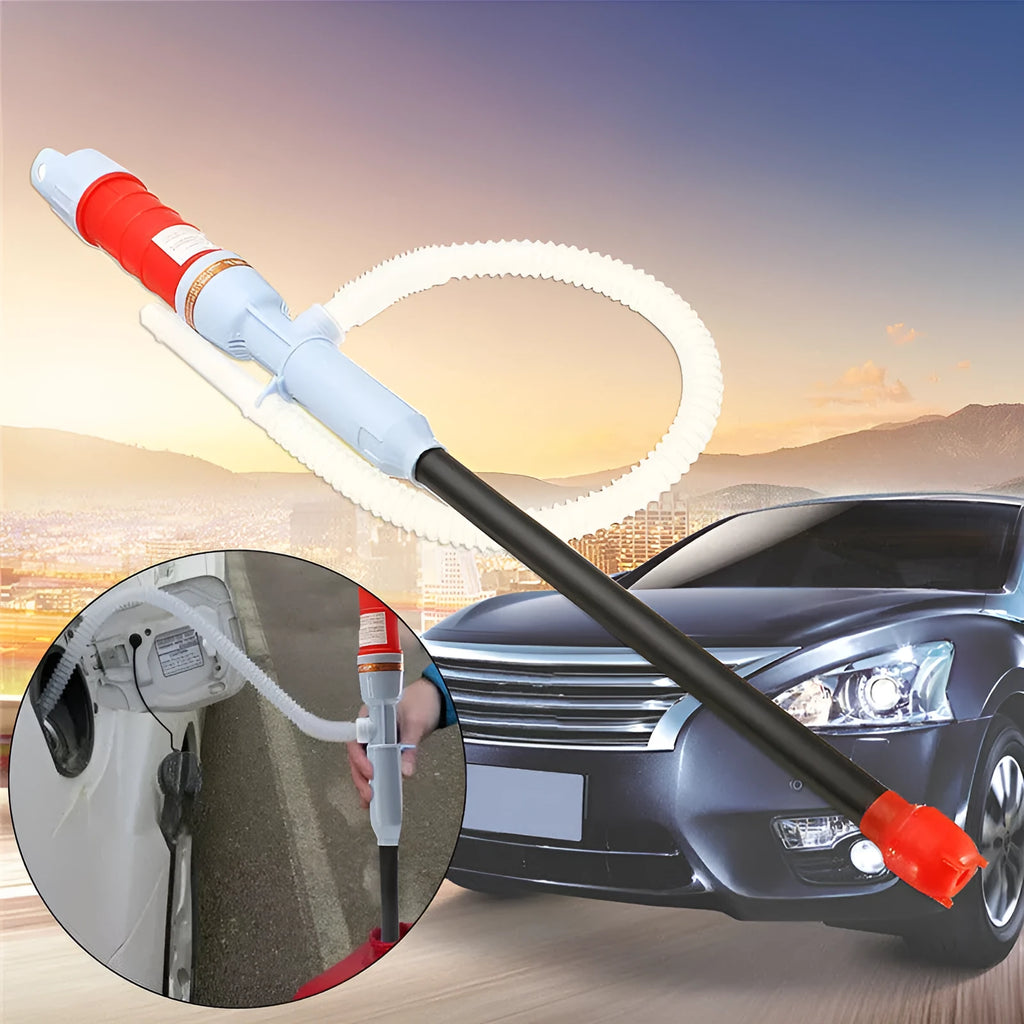 Blue and red manual hand siphon pump for fuel and liquid transfer