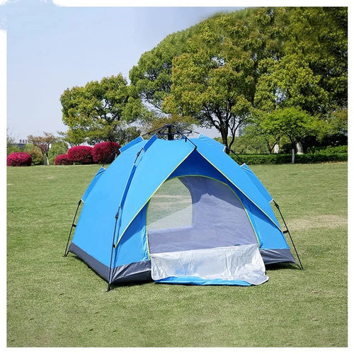 Automatic quick opening family camping tent for 3-4 people, waterproof, fibreglass poles, blue colour