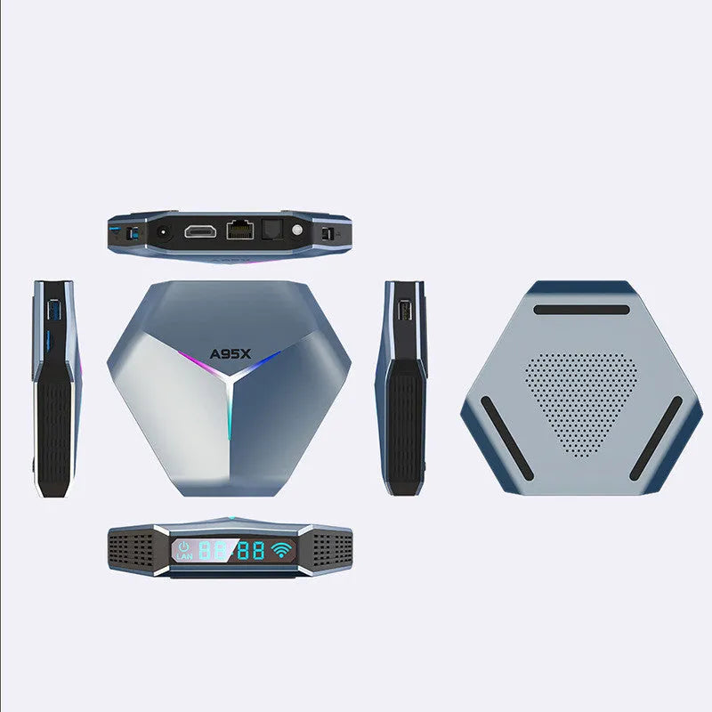 Android TV set-top box for 8K video with remote control, HDMI cable, and power adapter.