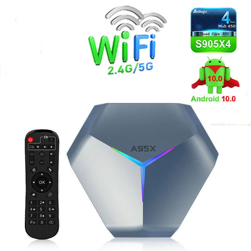 Android TV set-top box for 8K video with remote control, HDMI cable, and power adapter.