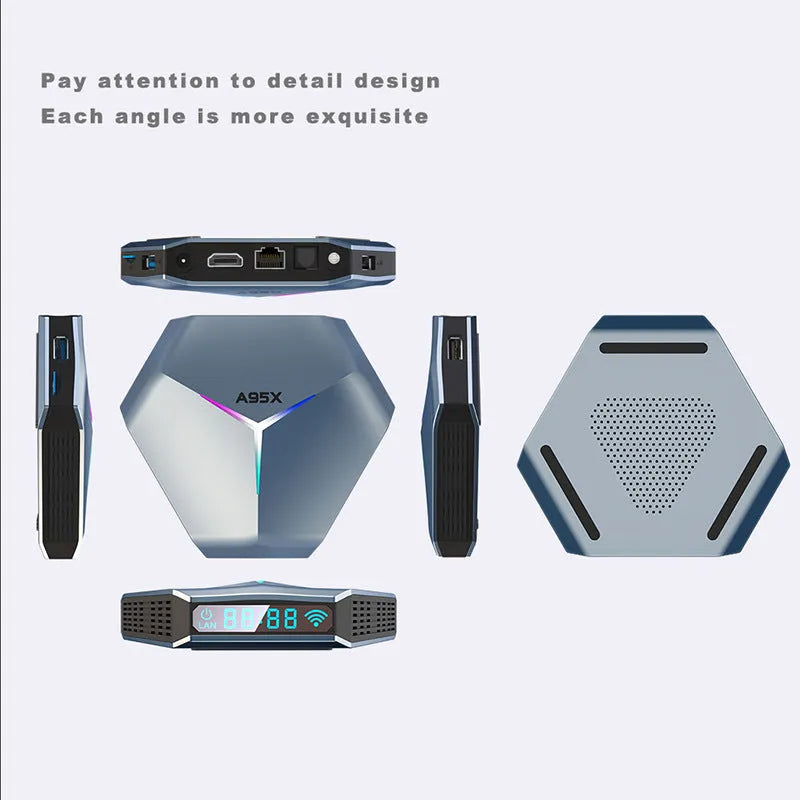 Android TV set-top box for 8K video with remote control, HDMI cable, and power adapter.