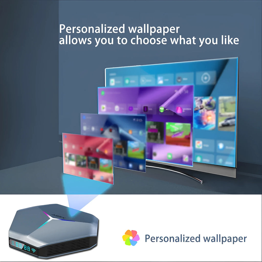 Android TV set-top box for 8K video with remote control, HDMI cable, and power adapter.