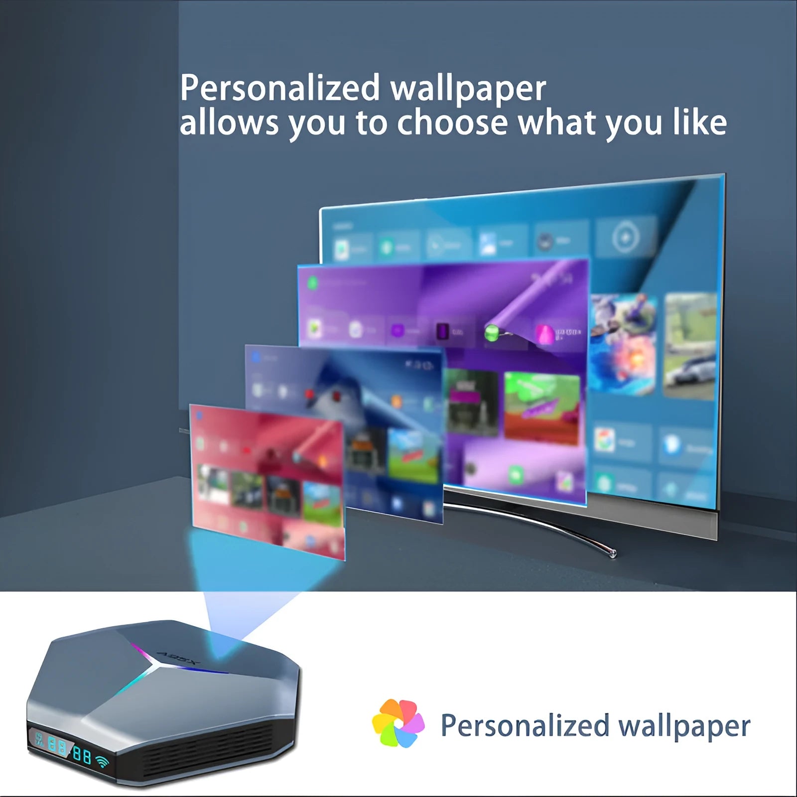 Android TV set-top box for 8K video with remote control, HDMI cable, and power adapter.