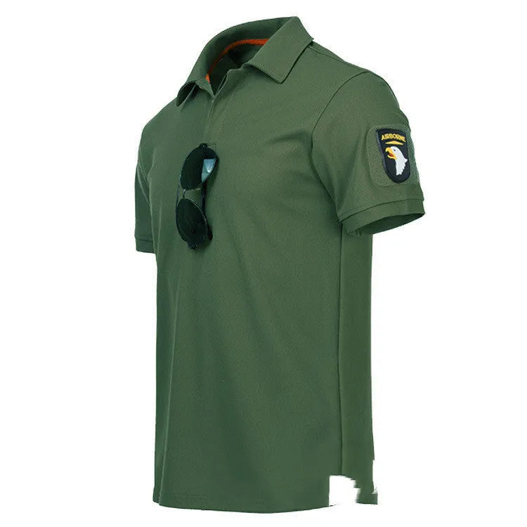 Men's short sleeve tactical polo t-shirt in khaki colour showing plain design with lapel collar