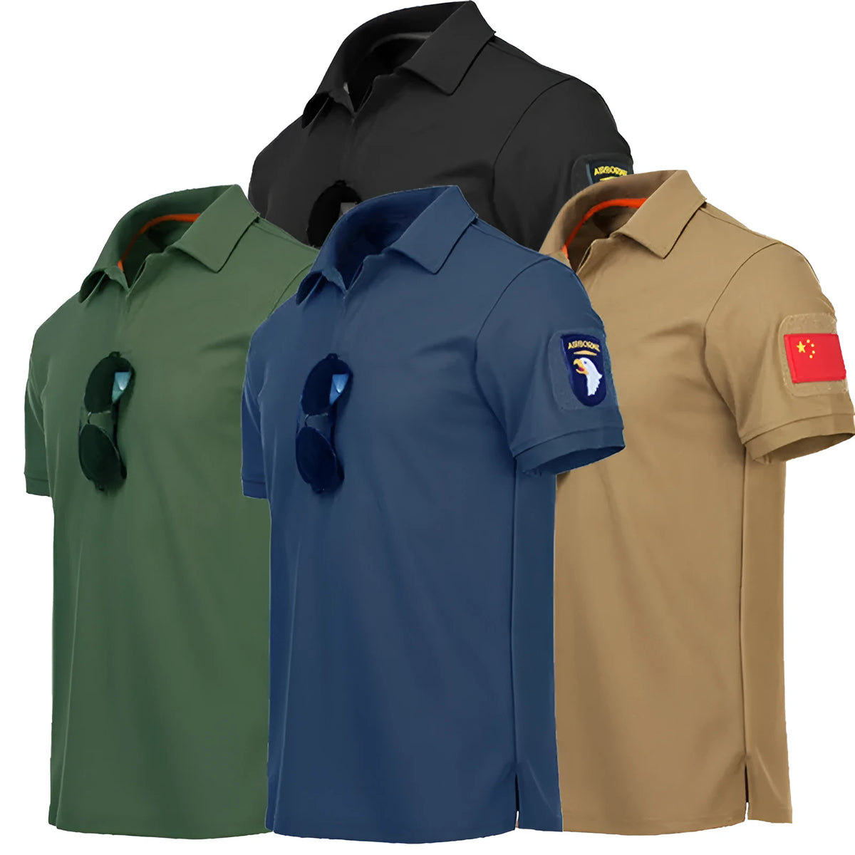 Men's short sleeve tactical polo t-shirt in khaki colour showing plain design with lapel collar