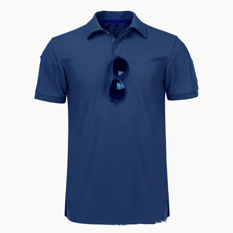 Men's short sleeve tactical polo t-shirt in khaki colour showing plain design with lapel collar