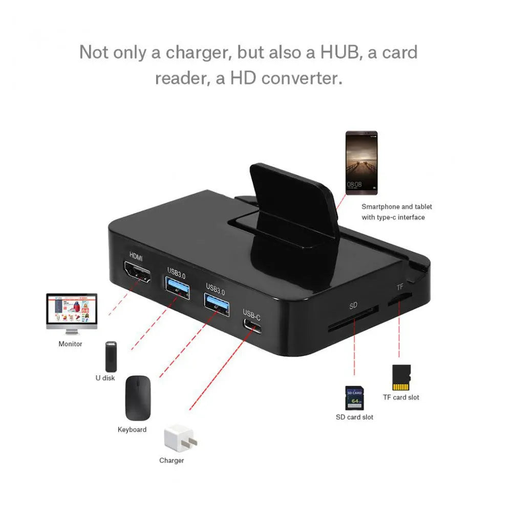 Black base mobile phone to HDMI dock converter for video output and charging
