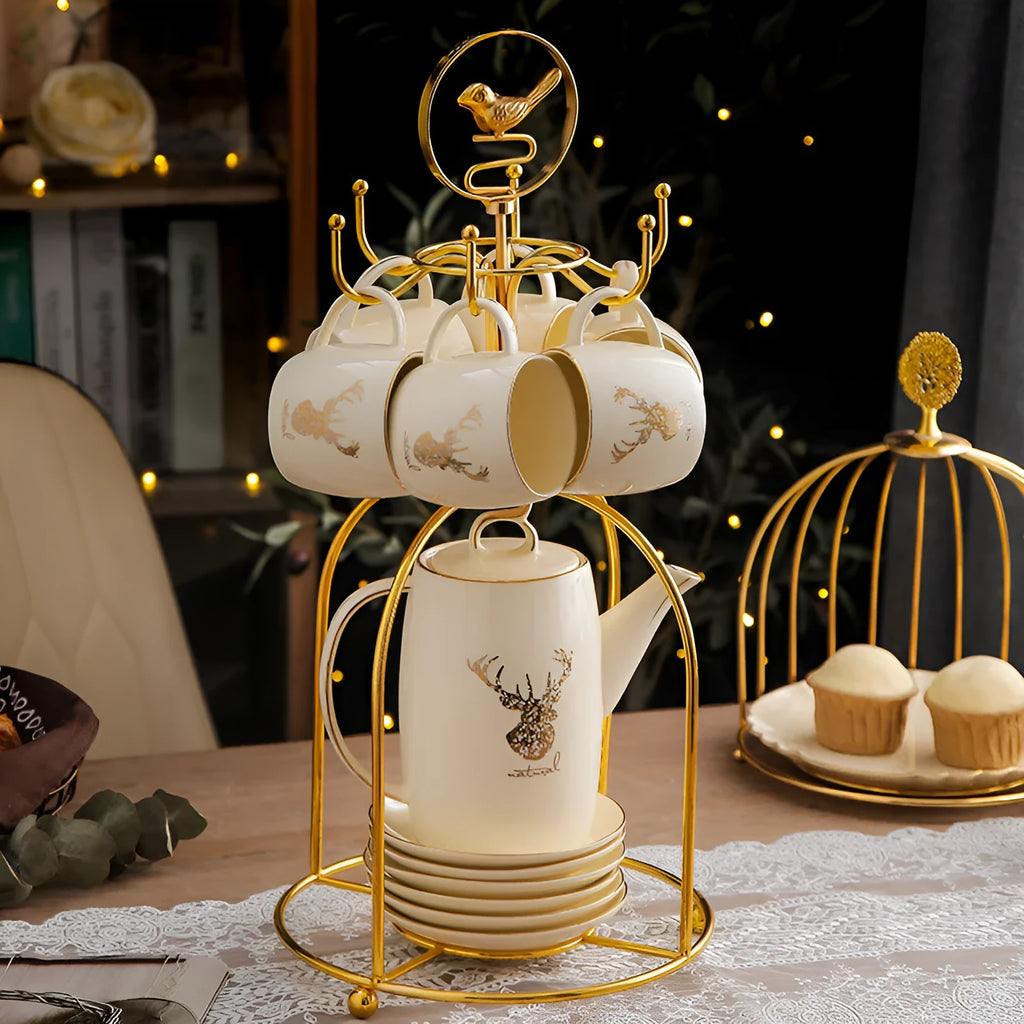 Elk bird stand 13 piece Chinese style tea set with teapot and cups for six people, colour Elk bird frame