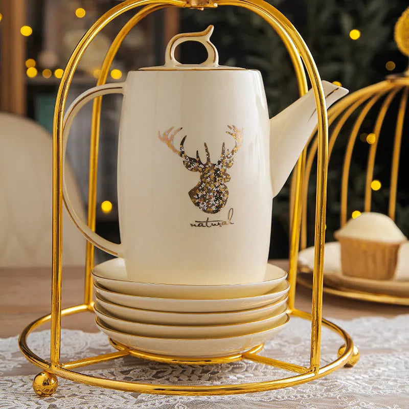 Elk bird stand 13 piece Chinese style tea set with teapot and cups for six people, colour Elk bird frame