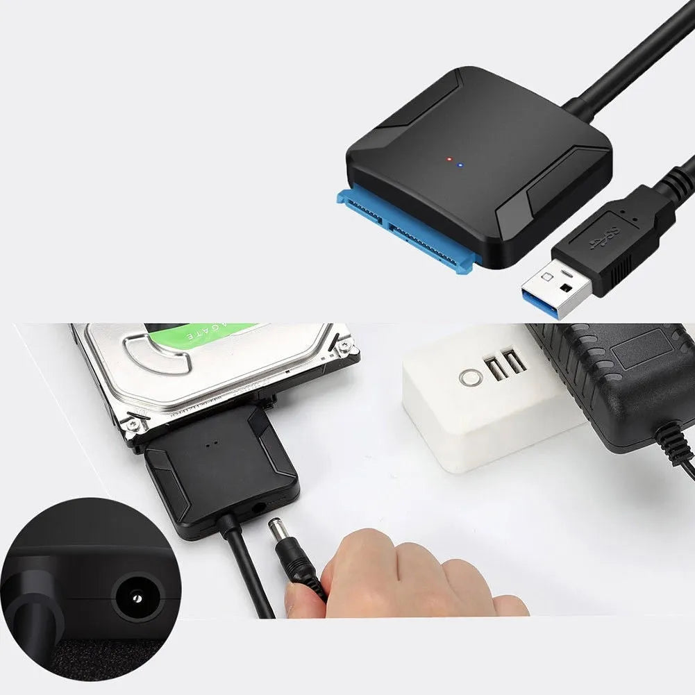 Black USB 3.0 to SATA adapter cable for connecting internal hard drives to computer USB ports