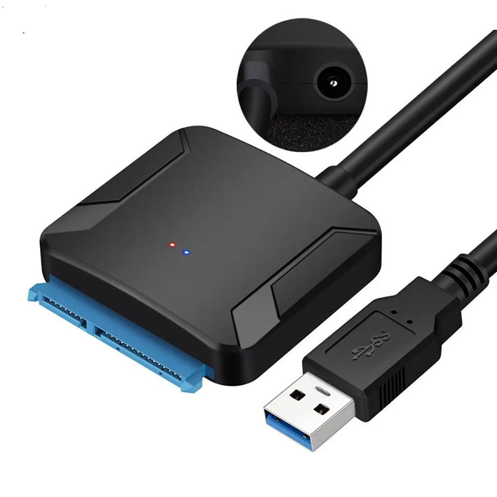 Black USB 3.0 to SATA adapter cable for connecting internal hard drives to computer USB ports
