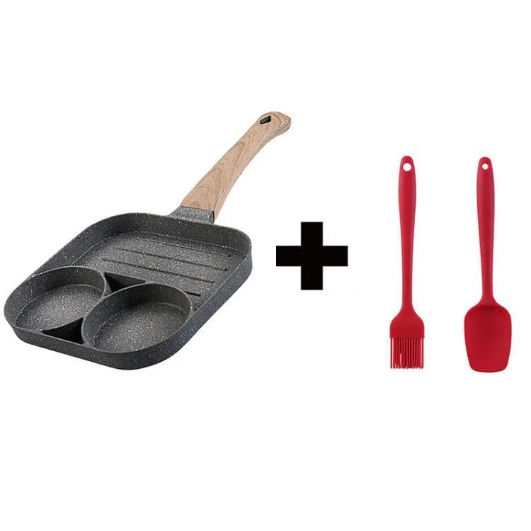 Aluminium four-hole non-stick frying pan with bakelite handle, silicone spatula, and oil brush