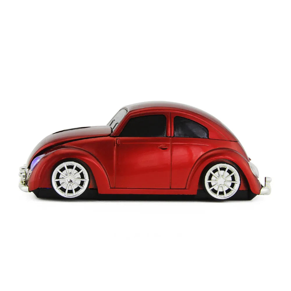 Creative beetle car shaped wireless optical mouse in black, blue, red, or yellow with USB receiver.