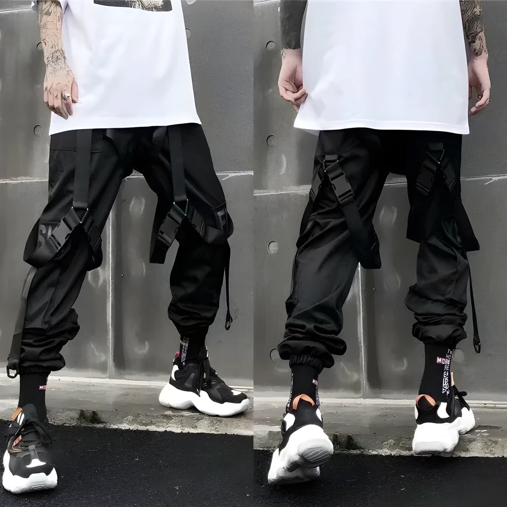 WLS multi belts cargo pants, loose nine-length overalls with mid-waist tether closure and pockets, in black XK20