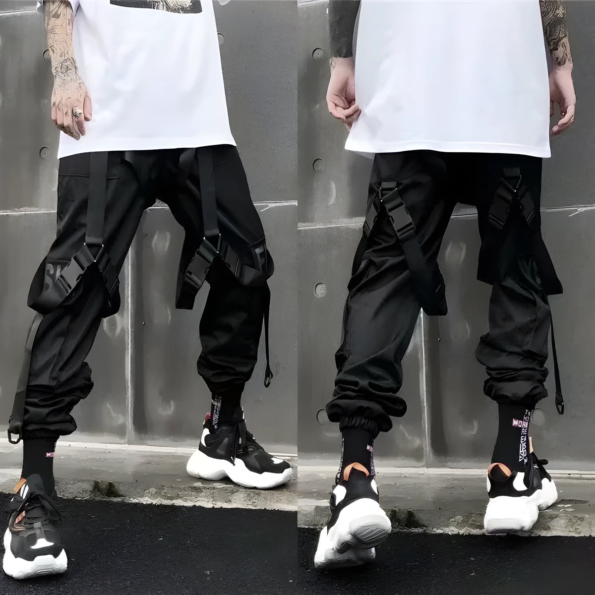 WLS multi belts cargo pants, loose nine-length overalls with mid-waist tether closure and pockets, in black XK20