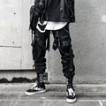 WLS multi belts cargo pants, loose nine-length overalls with mid-waist tether closure and pockets, in black XK20