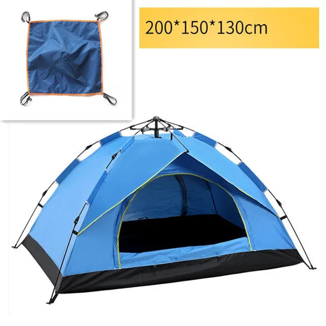 Automatic quick opening family camping tent for 3-4 people, waterproof, fibreglass poles, blue colour