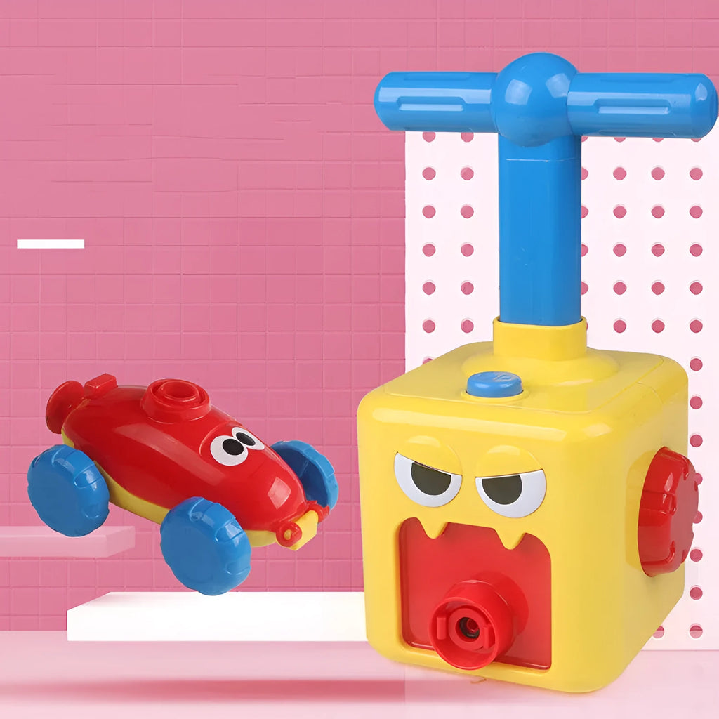 Balloon-powered car toy with inflatable cylinder and trolley, ABS plastic, 11.5x11.5x22.5cm