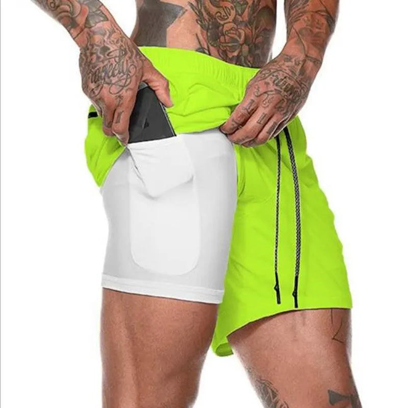 Men's double-layer running shorts with liner, 85% polyester, five-point design, green grey white, M-3XL
