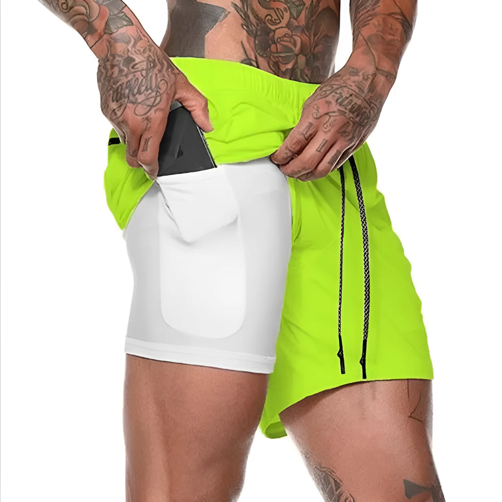 Men's double-layer running shorts with liner, 85% polyester, five-point design, green grey white, M-3XL