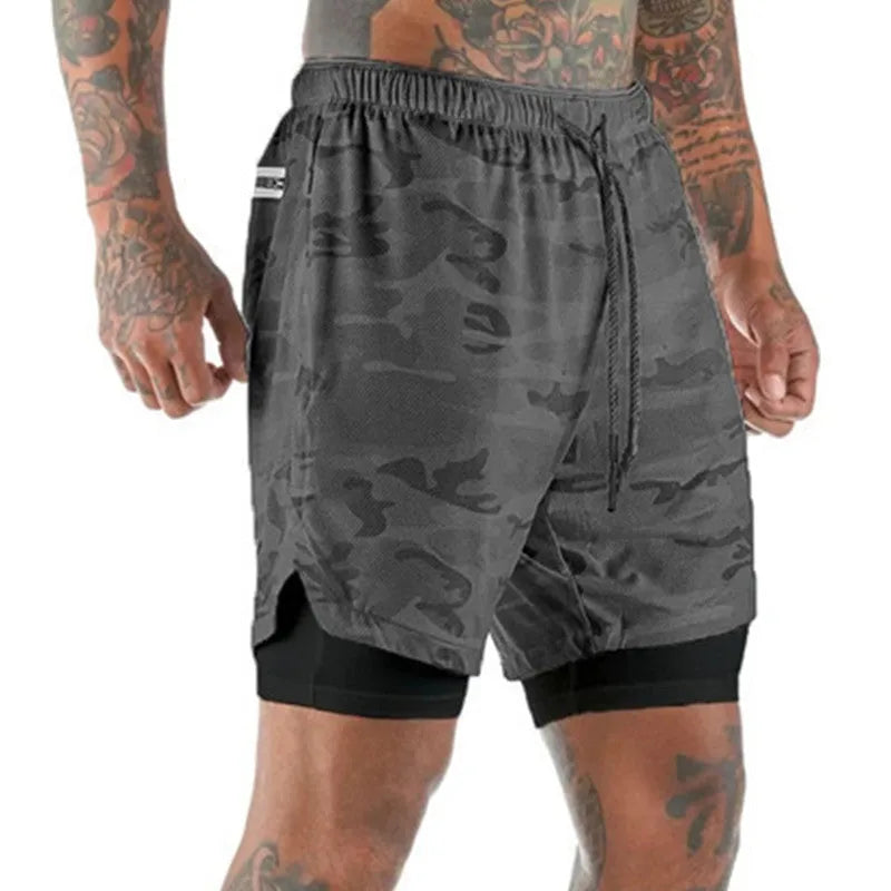 Men's double-layer running shorts with liner, 85% polyester, five-point design, green grey white, M-3XL